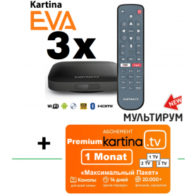 3 x Kartina EVA Set Top Box - 4K Lan/ Wlan Receiver (Android) + Kartina TV Abonnement «Premium-Paket» (16,50€ / Monat) Automatische Vertragsverlängerung u. jederzeitige Kündigungsmöglichkeit mit Frist 1 Monat