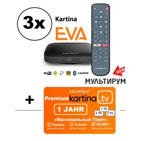 Angebot Kom­plett­pa­ket: 3 x Kartina EVA Set Top Box - 4K Lan/ Wlan Receiver (Android) + Kartina TV Abonnement  «Premium-Paket» (165,00€ / Jahr) Automatische Vertragsverlängerung