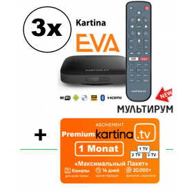 Kom­plett­pa­ket: 3x Kartina EVA Set Top Box - 4K Lan/ Wlan Receiver (Android) + Kartina TV Abonnement «Premium-Paket» (16,50€ / Monat) Automatische Vertragsverlängerung u. jederzeitige Kündigungsmöglichkeit mit Frist 1 Monat